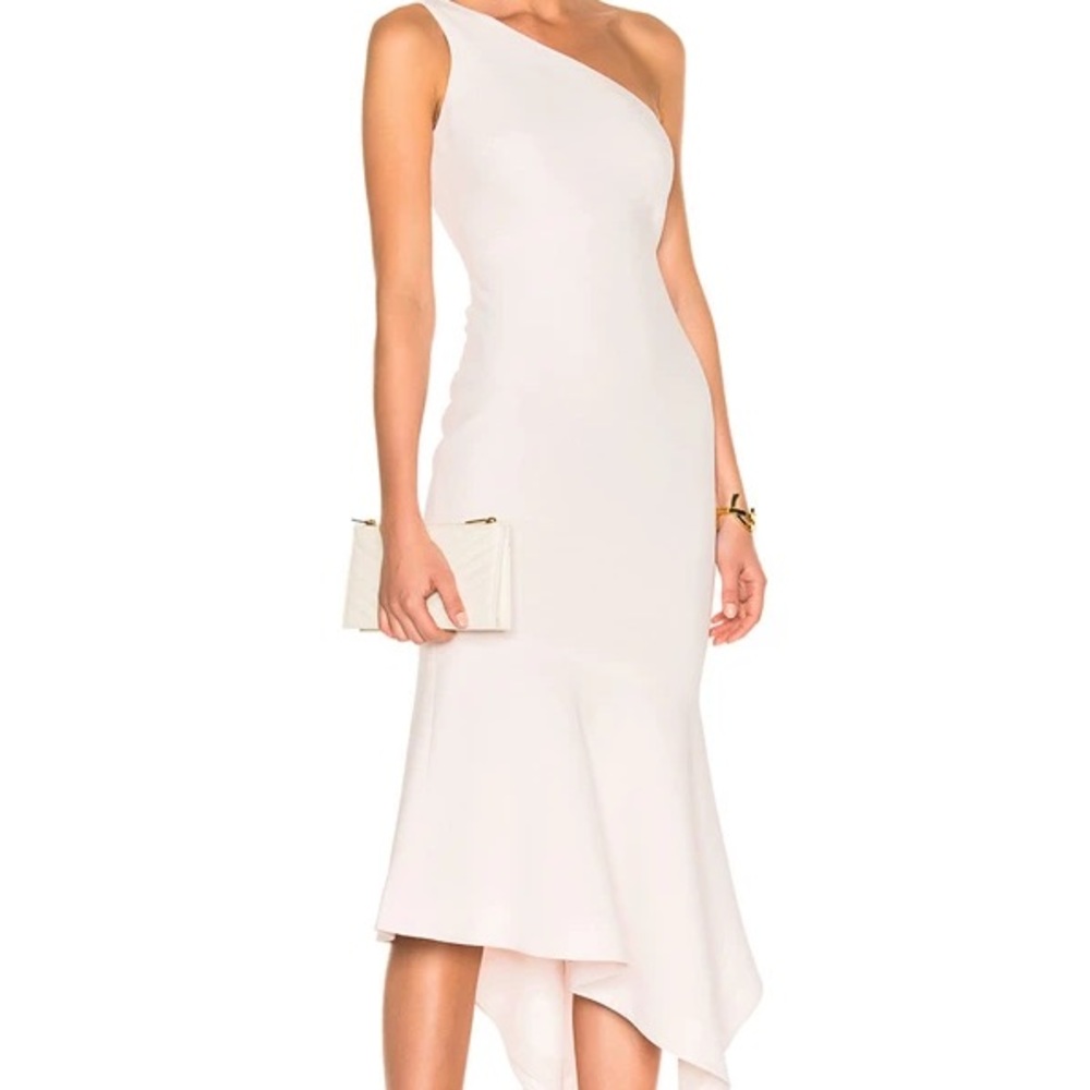 cinq a sept One-Shoulder Cream Asymmetric Midi Dress